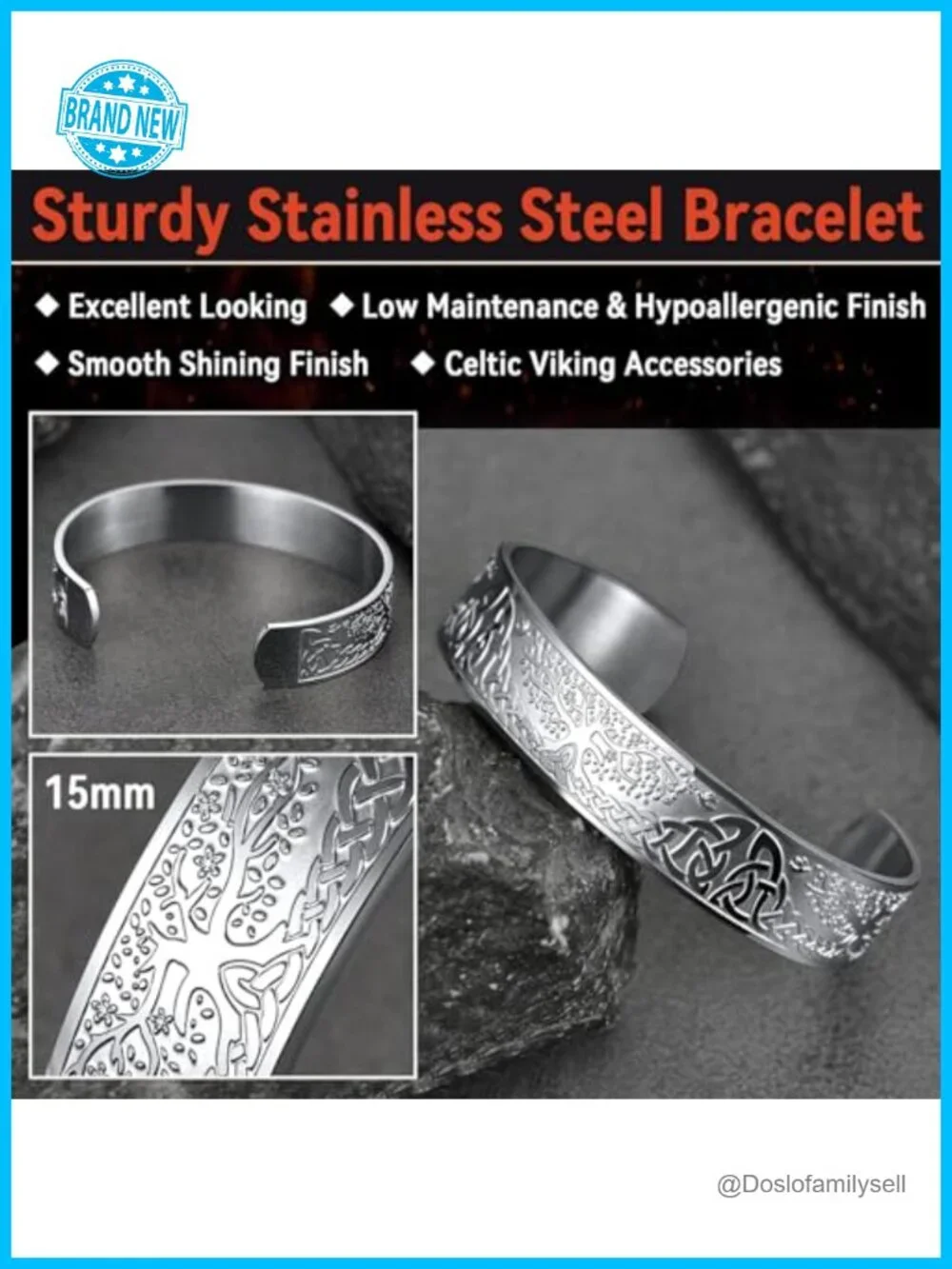 Unisex Stainless Steel Viking Cuff Bracelet Rune Thor's Hammer Wolf Celtic Knot